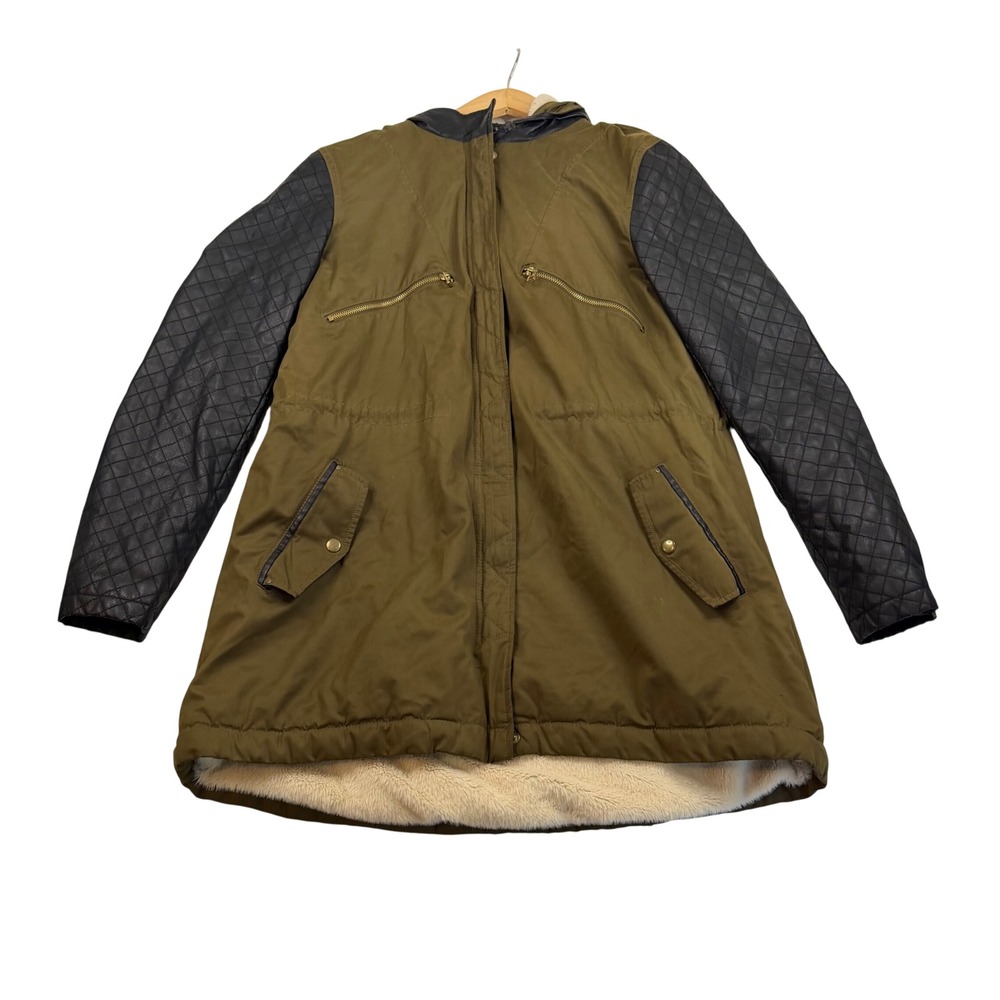 Attention Womens Olive Green Parka Faux Leather Quilted Sleeves Fur Lined Size L